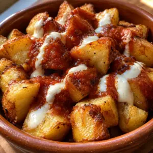 Square image of crispy patatas bravas with smoky sauce and aioli on the side.