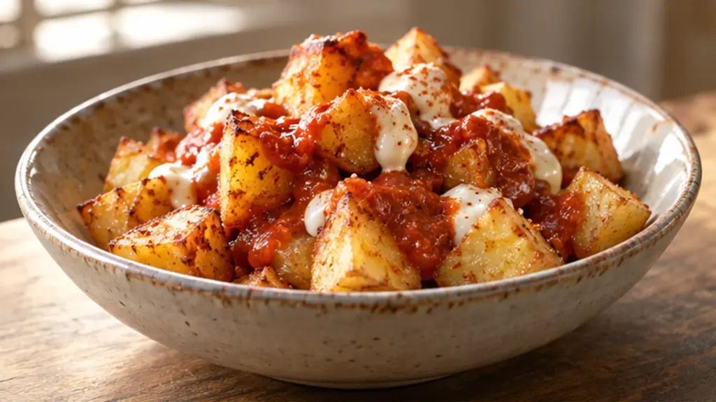 Crispy patatas bravas with smoky paprika tomato sauce in a tapas bowl.