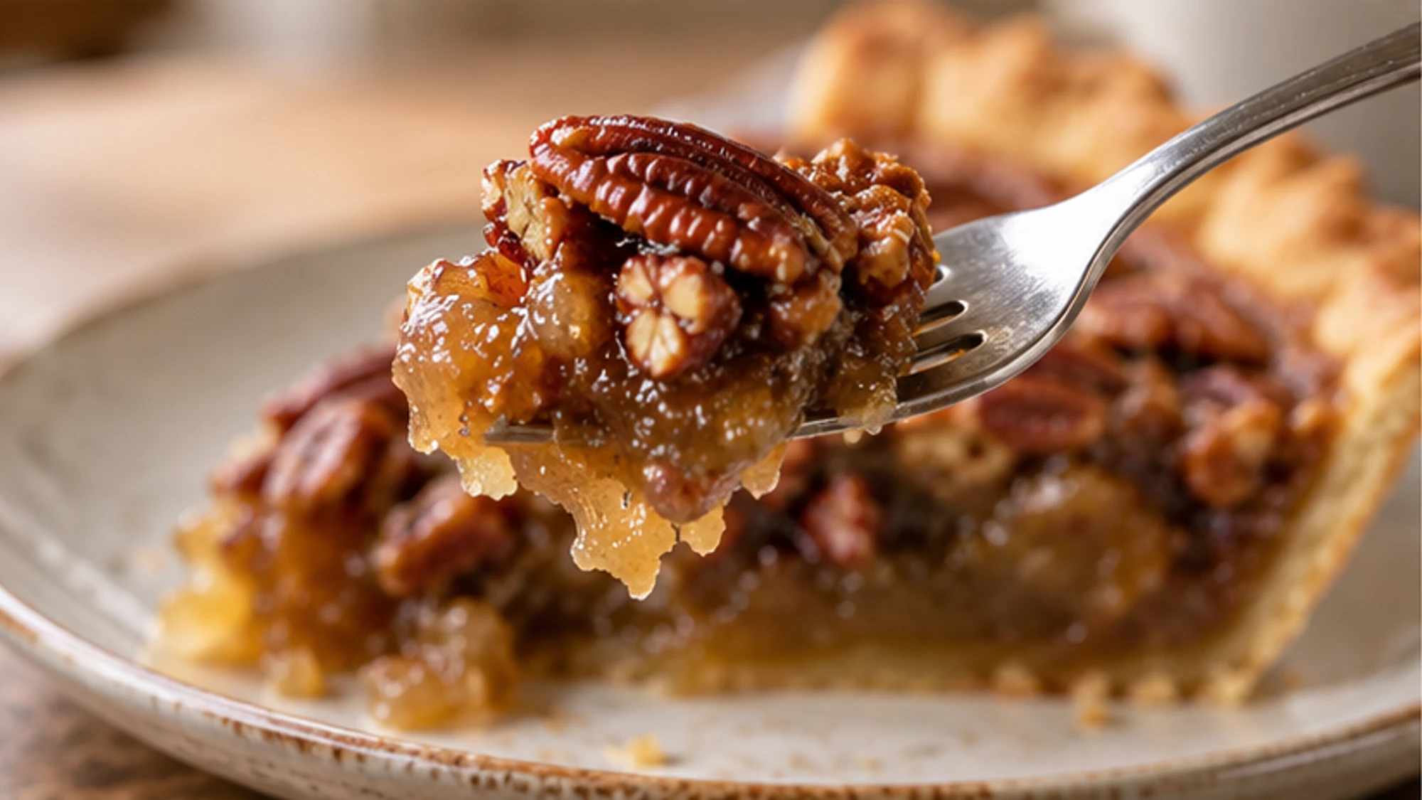 Pecan pie baking with a golden crust and a softly set center.