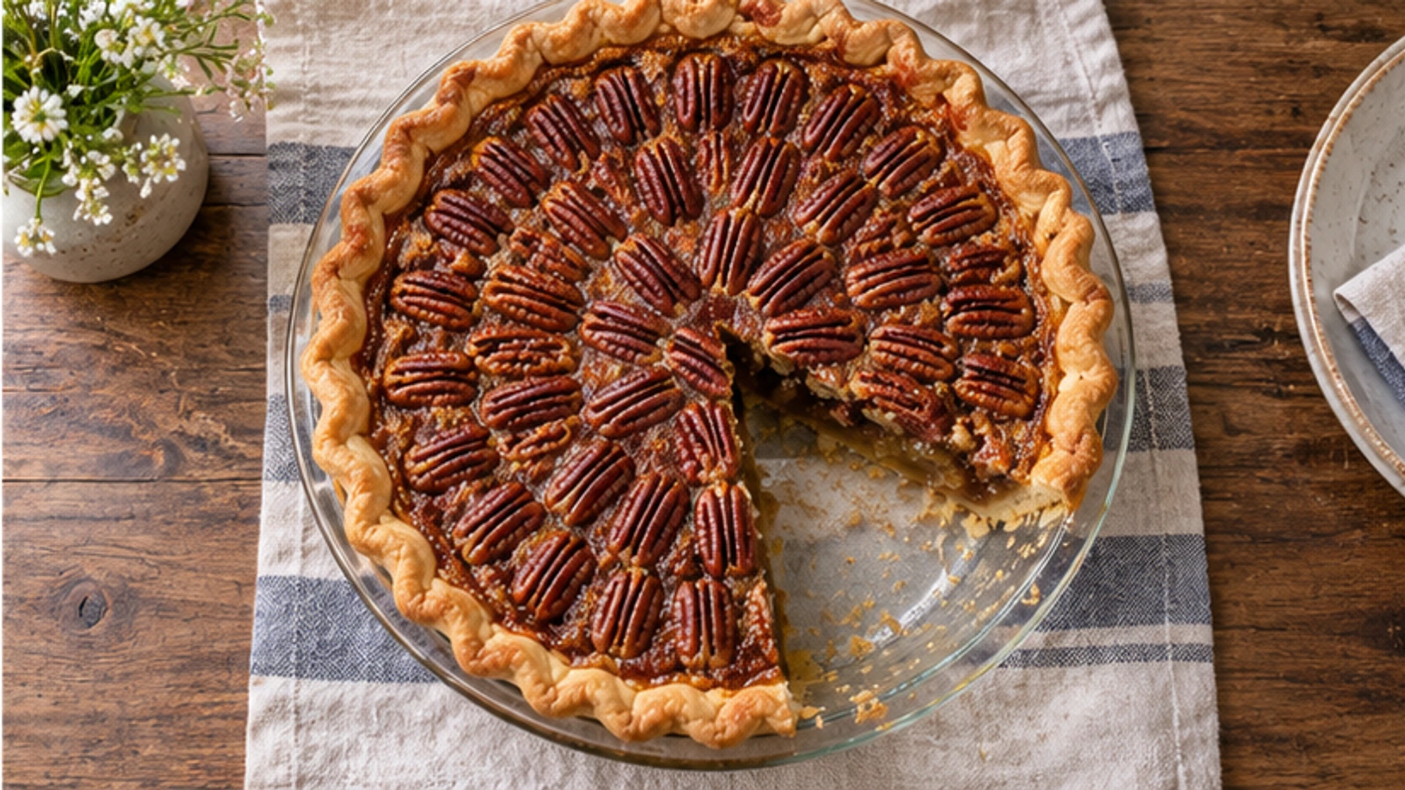A clean slice of pecan pie showing its tender filling and flaky pastry.