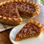Square image of finished pecan pie with glossy filling, toasted pecans, and buttery crust.