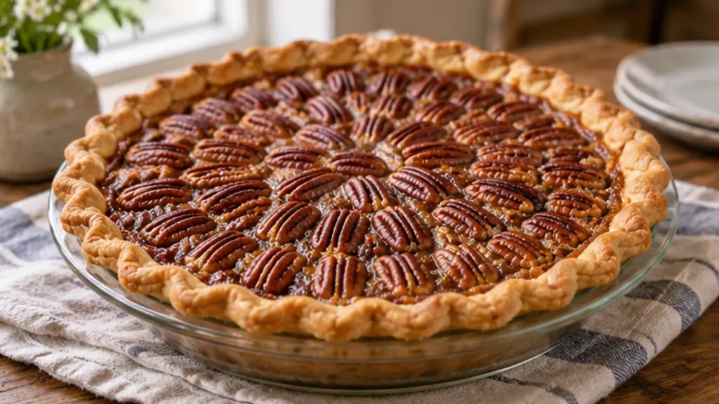 Whole pecan pie with a glossy center, toasted pecan halves, and a flaky crust.