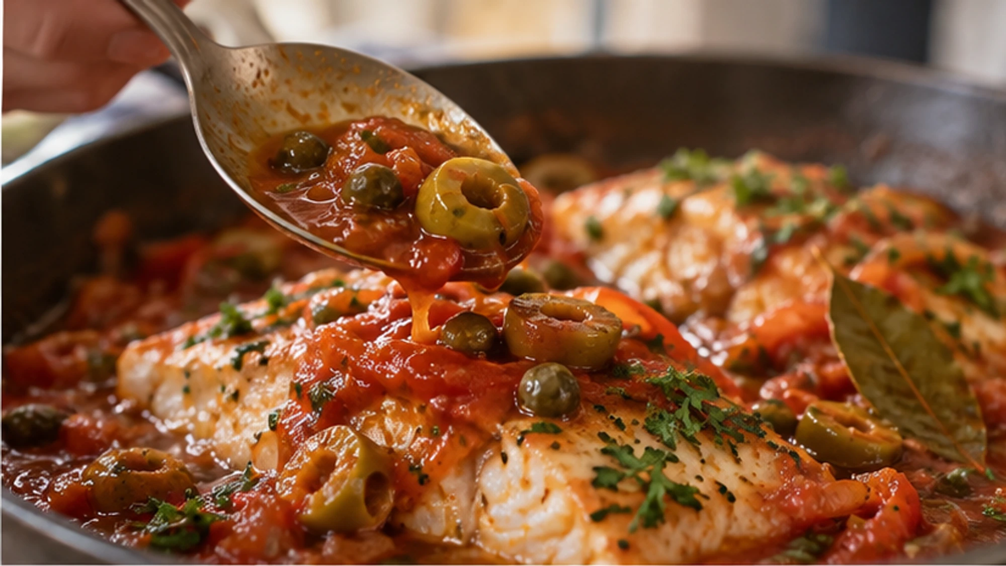 Tender white fish nestled into bright tomato sauce with green olives and capers.