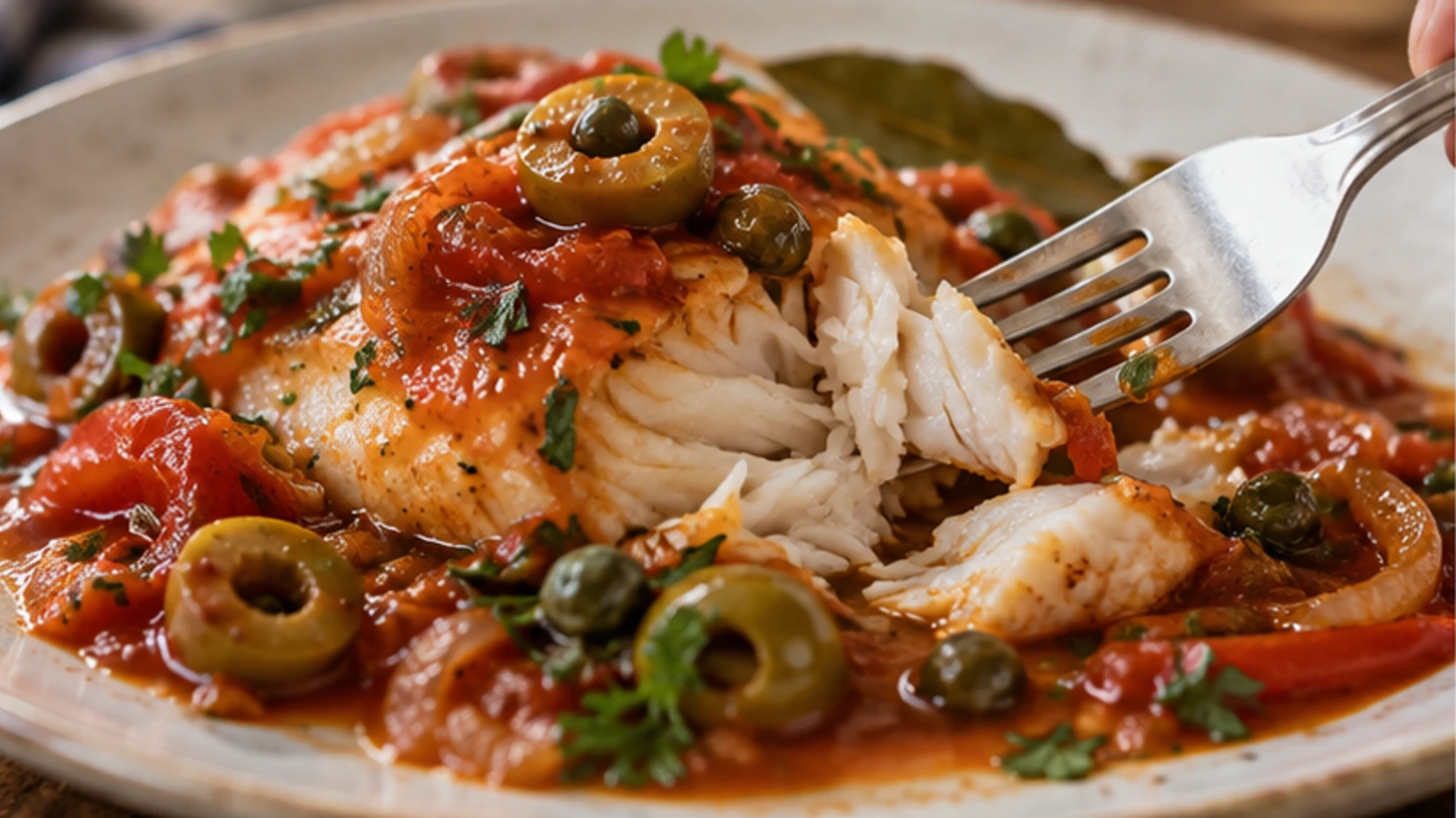 Veracruz-style tomato sauce with olives, capers, and jalapeños simmering in a skillet.