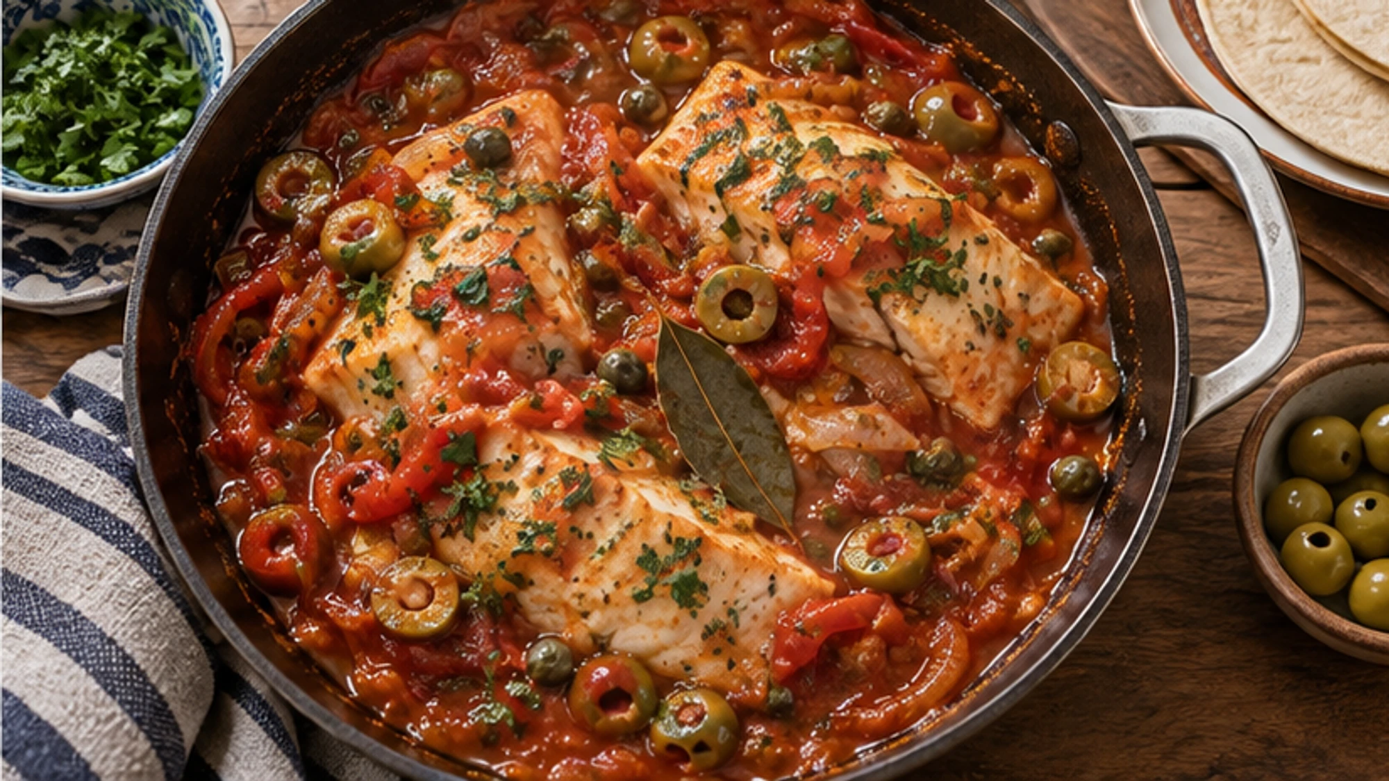 Finished pescado a la Veracruzana served with rice, parsley, and briny olives.