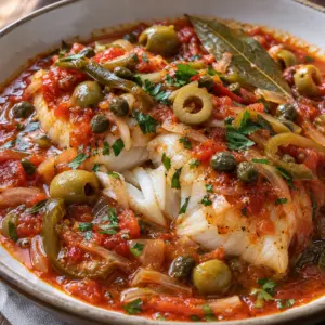 Square serving view of white fish in tomato, olive and caper Veracruzana sauce.