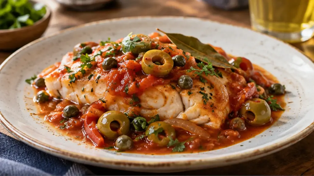 Pescado a la Veracruzana with tomato, green olives, capers and tender white fish.