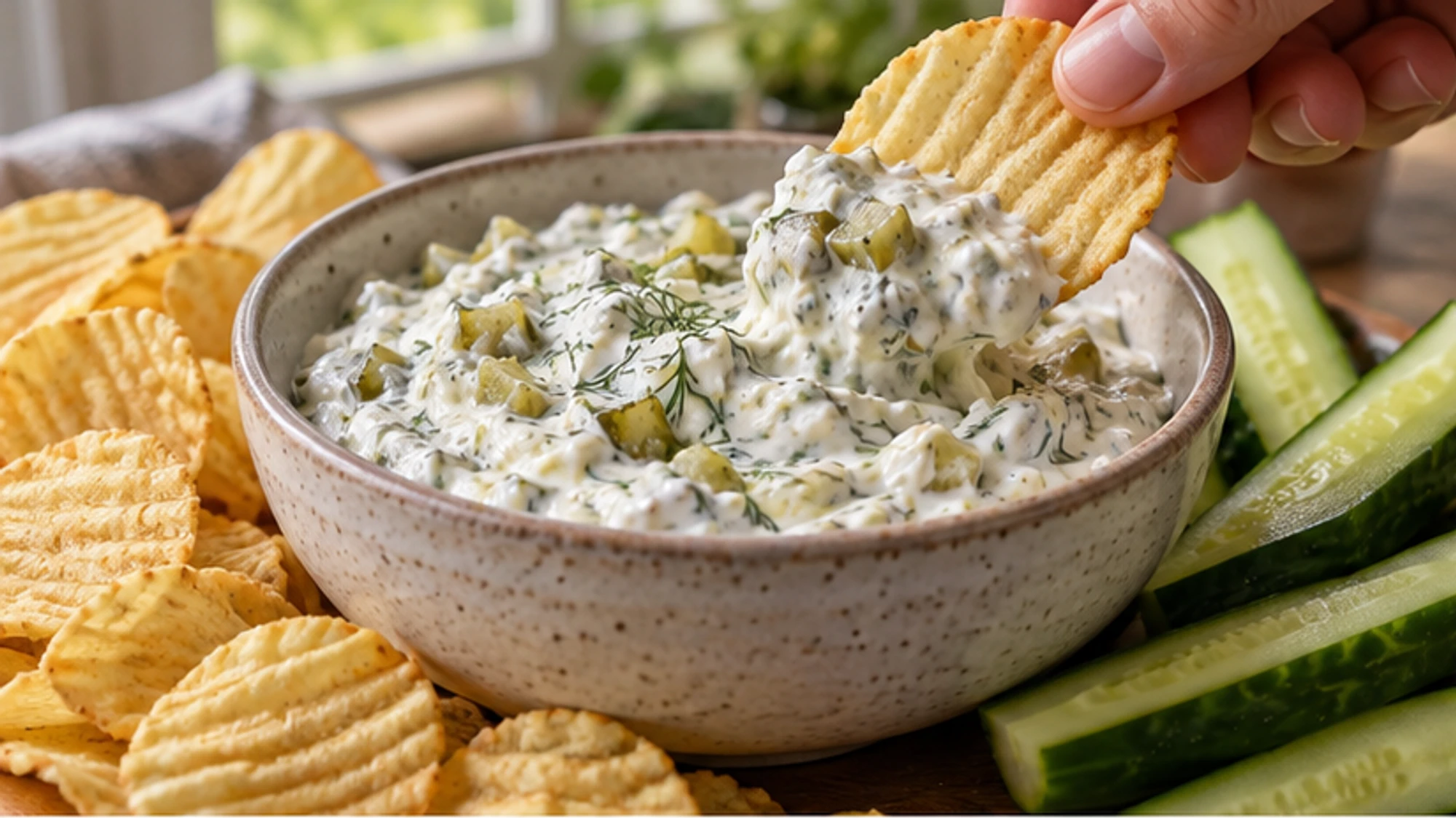 Creamy dill pickle dip with chopped pickles and fresh dill in a small serving bowl.