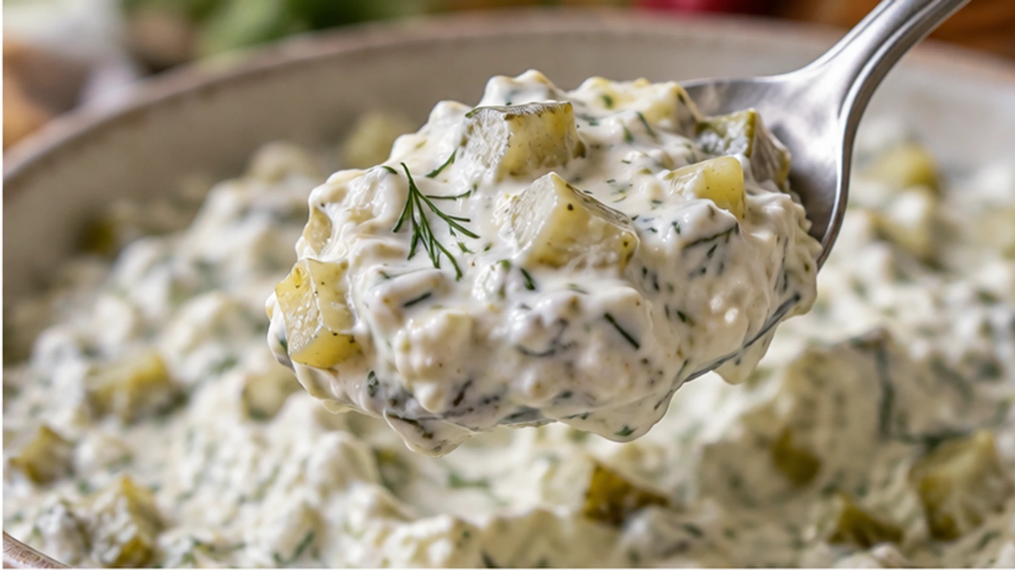 A crisp chip scooping thick dill pickle dip with chopped pickle pieces.
