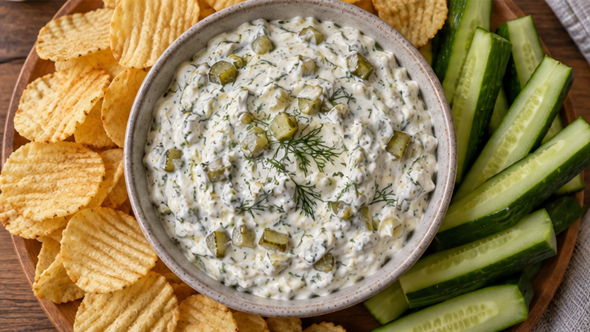 Close view of creamy pickle dip showing chopped pickle pieces and fresh dill.
