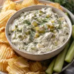 A square serving view of creamy dill pickle dip with chopped pickle and fresh dill.