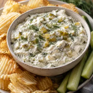A square serving view of creamy dill pickle dip with chopped pickle and fresh dill.