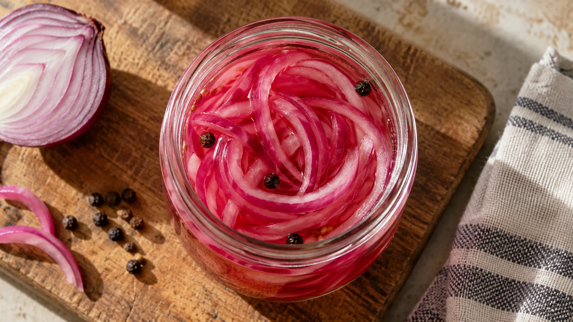 Overhead view of pickled red onions with its finished ingredients visible.