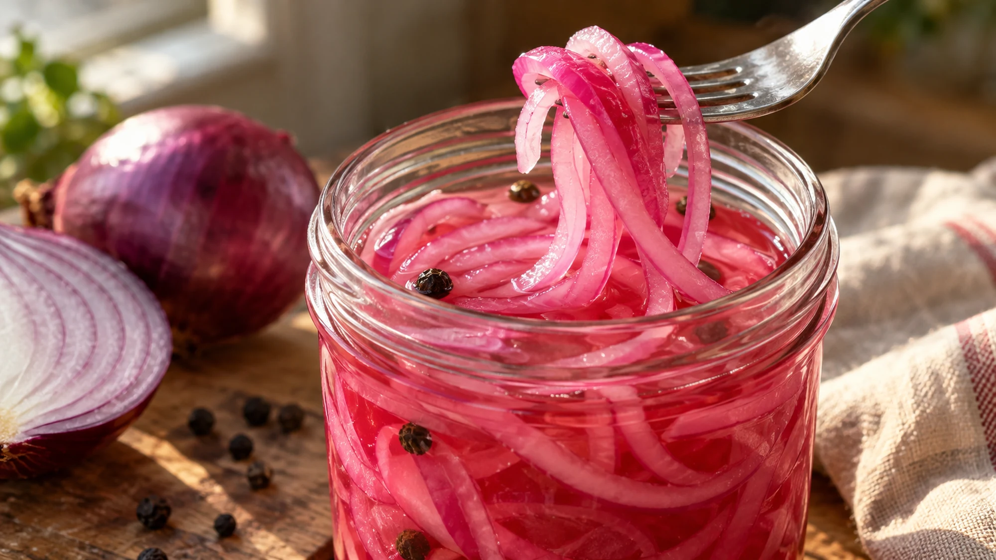 Close serving detail of pickled red onions. A fork lifting a few thin pink onion strands above the brine jar.