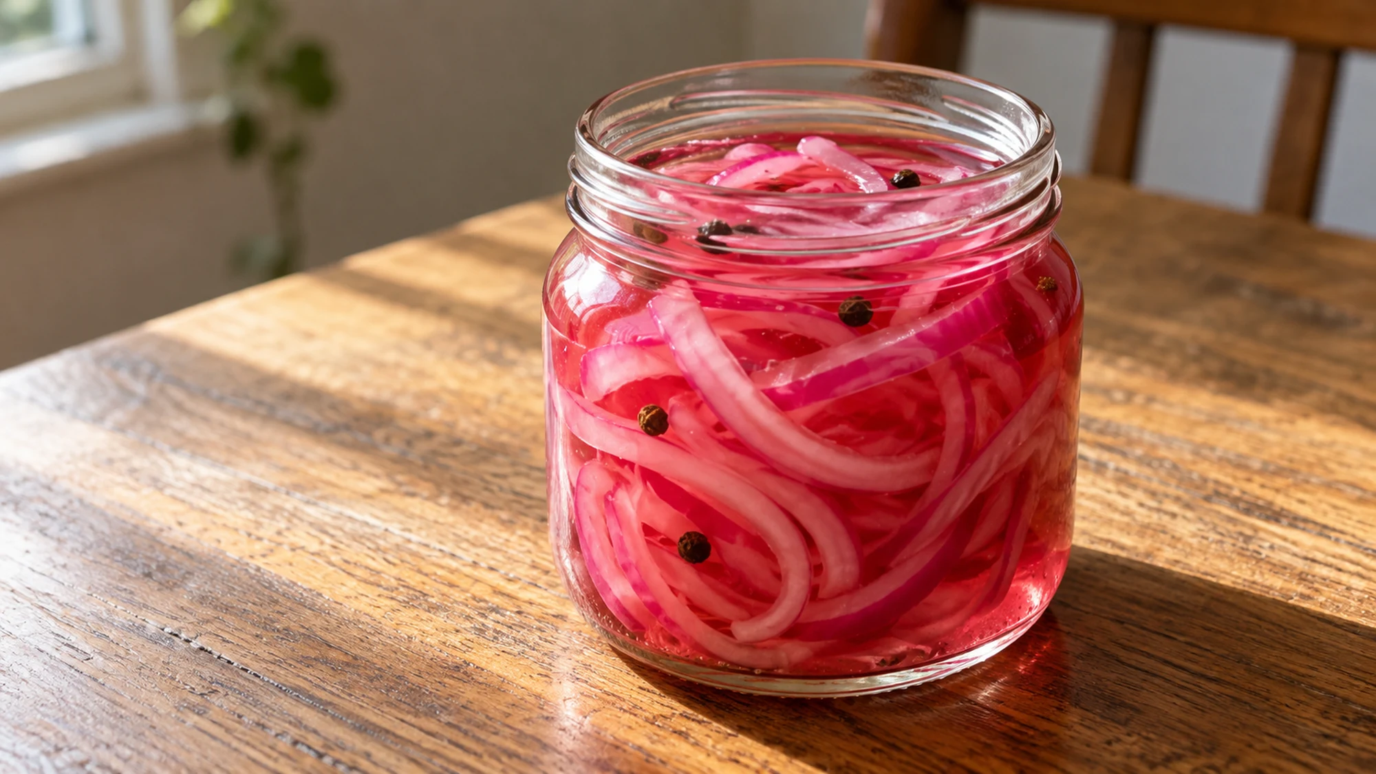 pickled red onions arranged for serving on a simple home table.