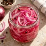 Square close-up of the finished pickled red onions.