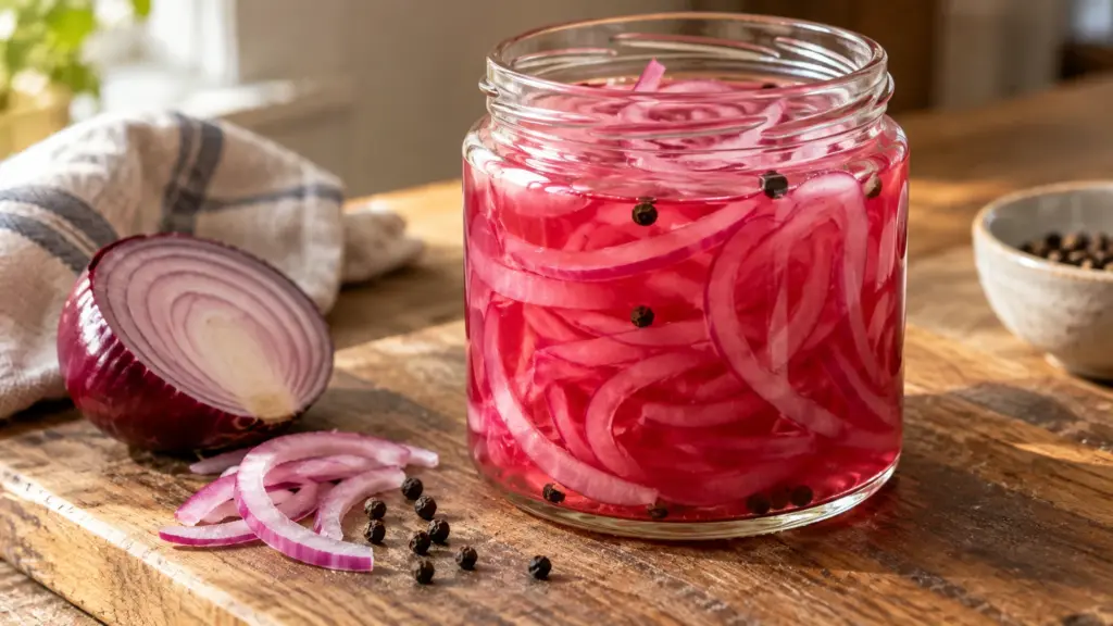 pickled red onions served fresh, showing Thin red onion slices softened in a quick vinegar, water, sugar and salt brine for a tangy refrigerator topping.