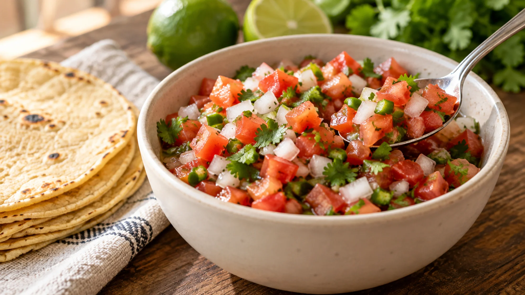 Fresh pico de gallo in a serving bowl with warm tortillas