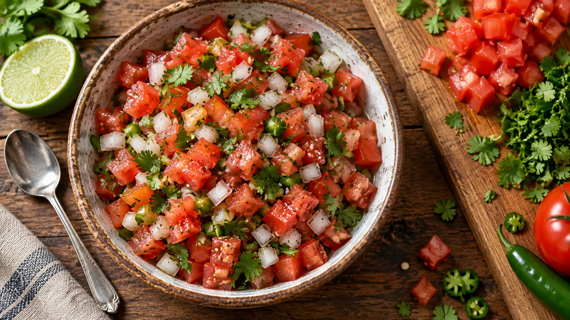 Overhead view of crisp diced tomato salsa with cilantro and lime