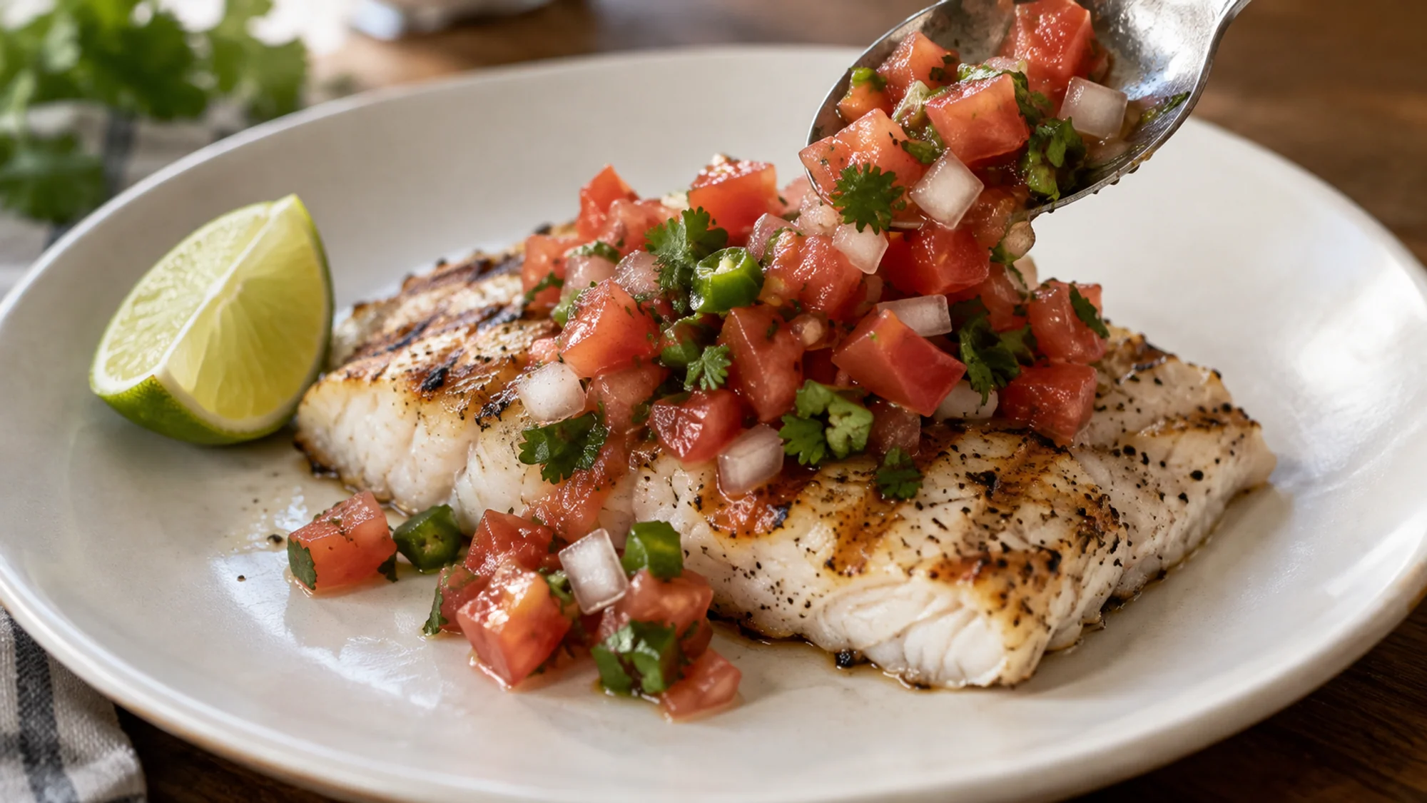 Pico de gallo spooned over grilled fish as a fresh topping
