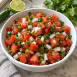 Square overhead bowl of fresh pico de gallo with tomatoes, onion, serrano and cilantro