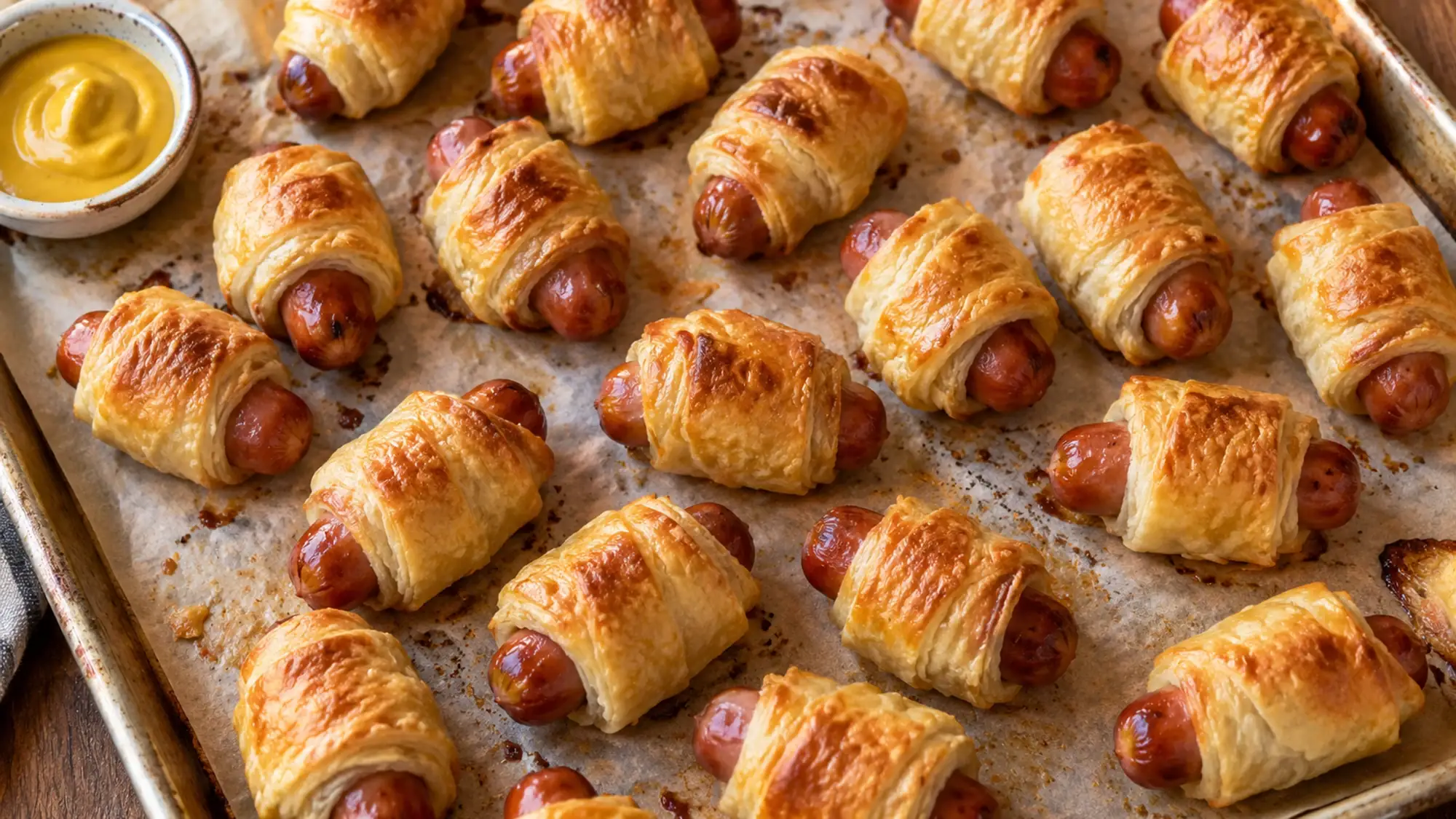 Overhead tray of golden puff pastry pigs in a blanket beside mustard.