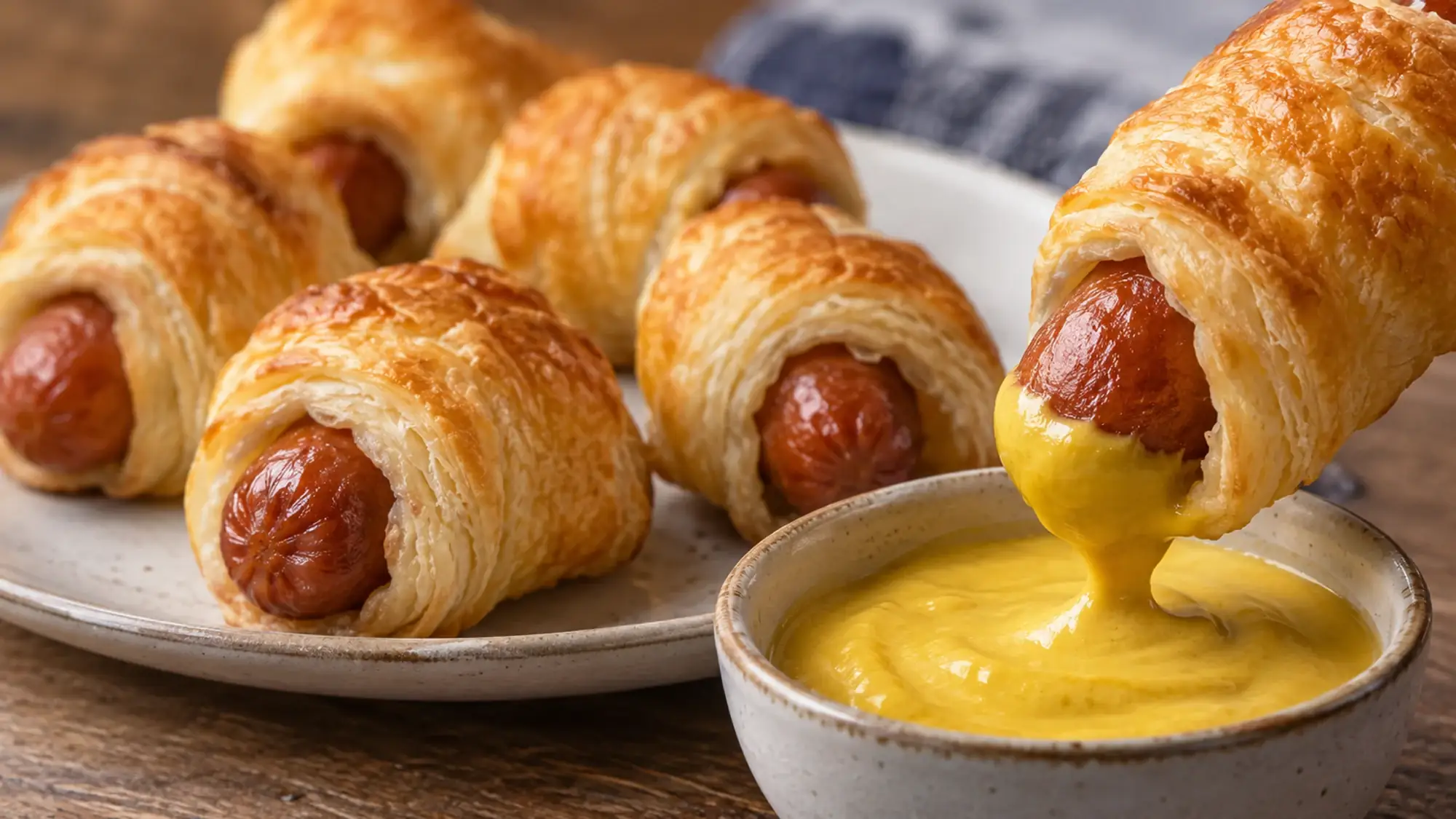 A flaky cocktail sausage pastry dipped in yellow mustard.