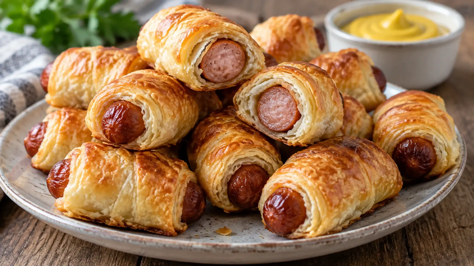 Golden cocktail sausage pastries showing flaky layers on a serving platter.