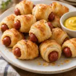 Square image of golden puff pastry wrapped cocktail sausages with mustard.