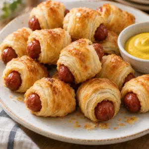 Square image of golden puff pastry wrapped cocktail sausages with mustard.