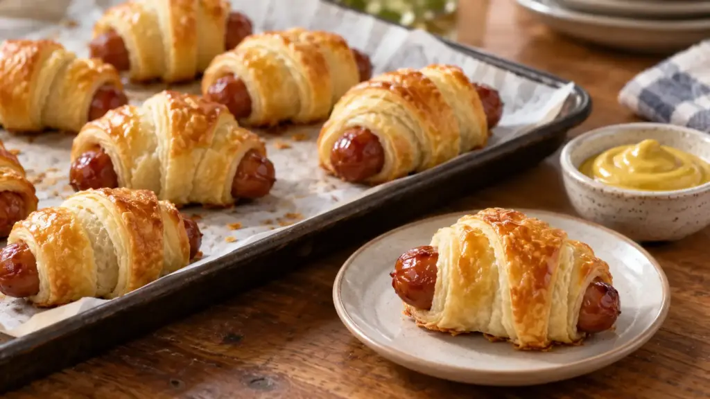 Golden puff pastry wrapped around cocktail sausages with mustard nearby.