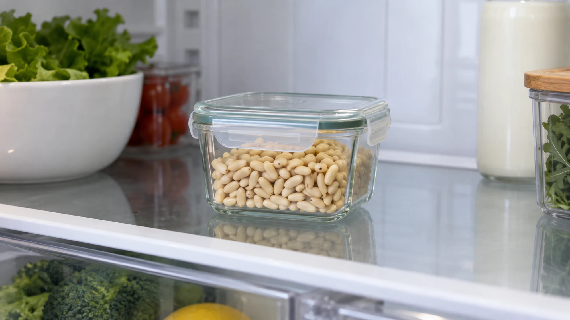 Sealed glass container of pine nut kernels on a refrigerator shelf