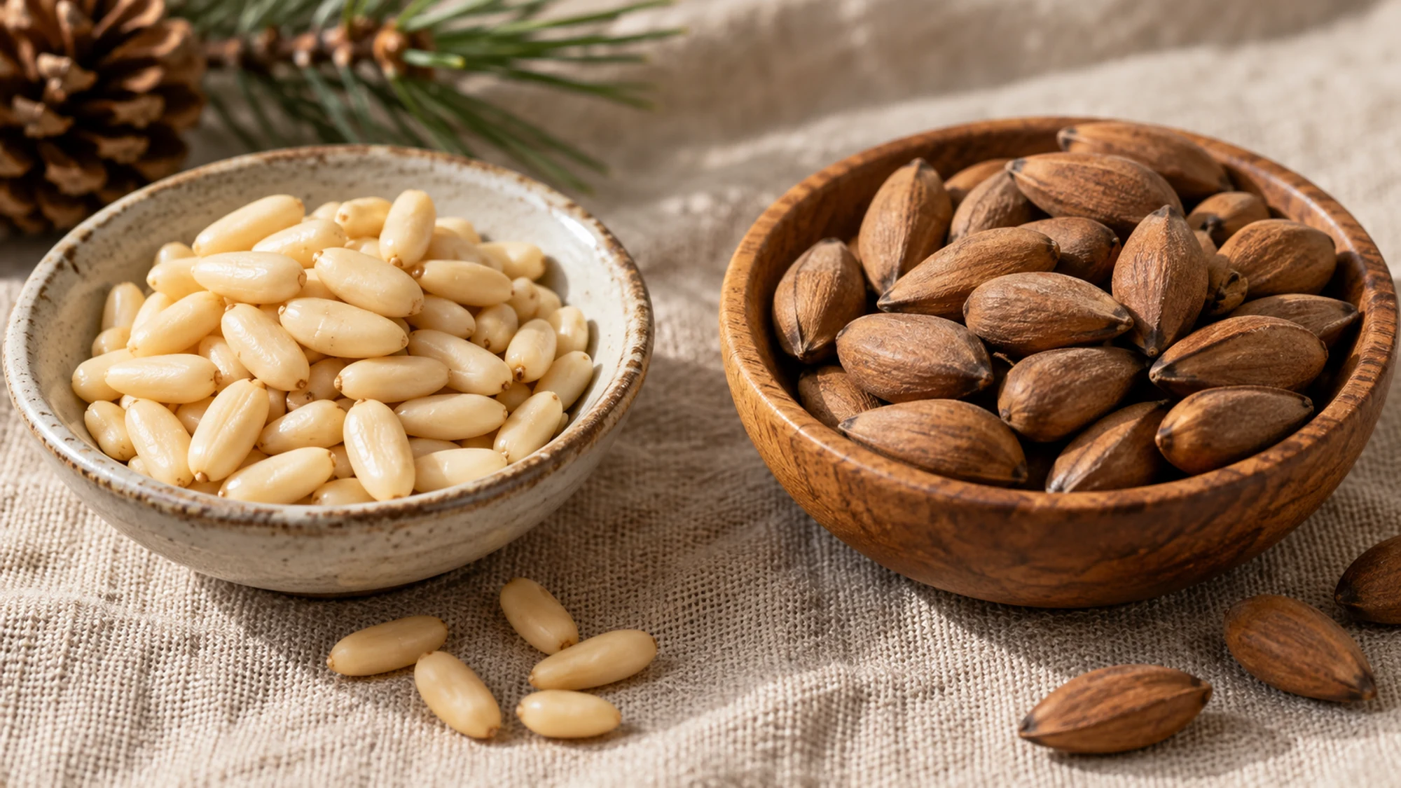 Pale pine nut kernels beside brown in-shell pine nuts in separate dishes