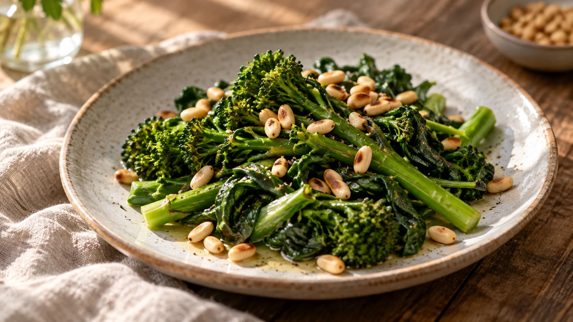 Lightly toasted pine nuts scattered over cooked green vegetables