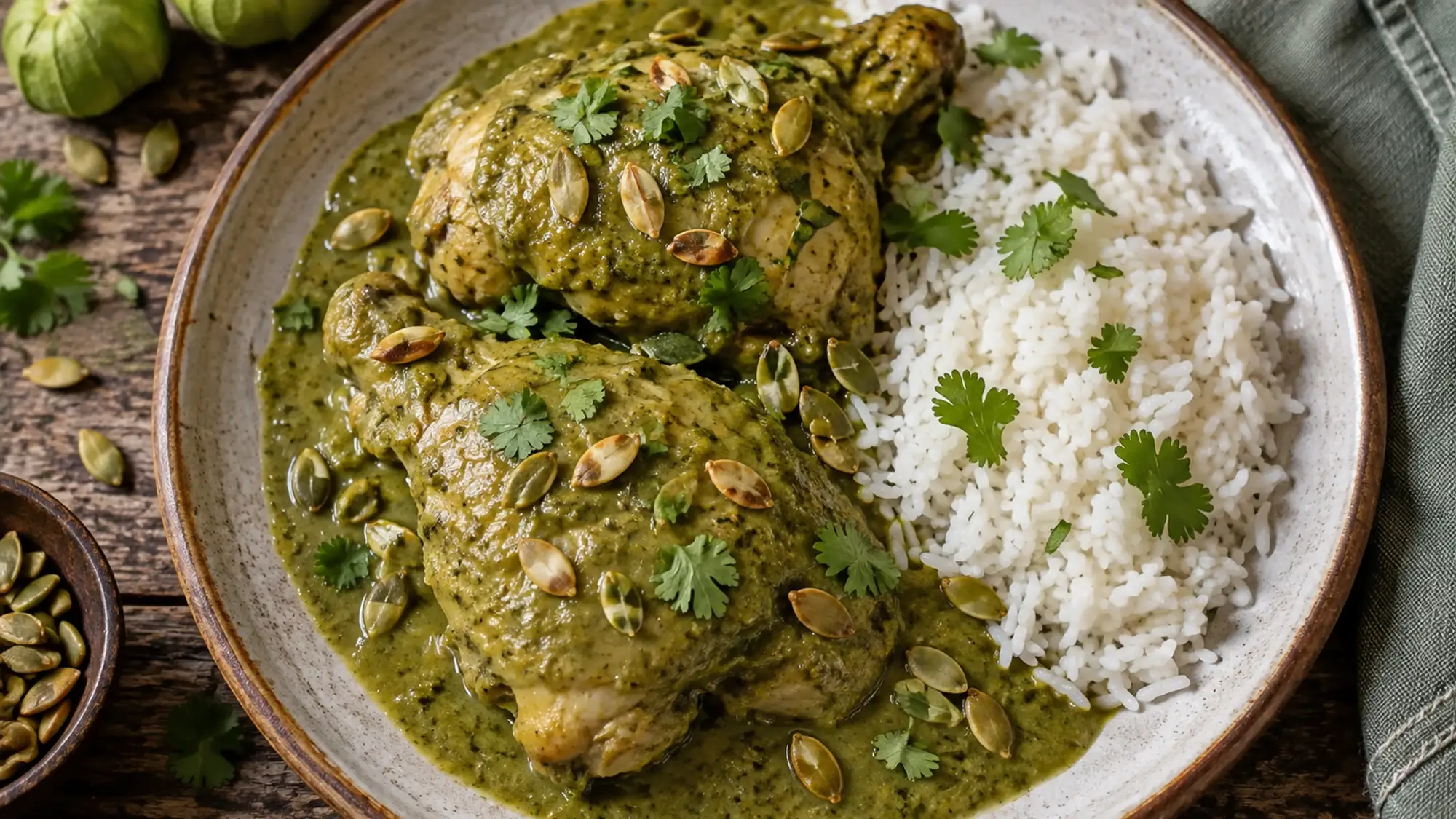 Overhead view of chicken in green pipián sauce with pepitas and rice.