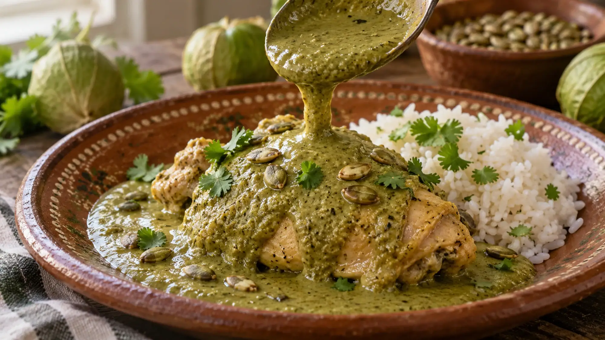 Green pumpkin seed sauce being spooned over chicken beside rice.