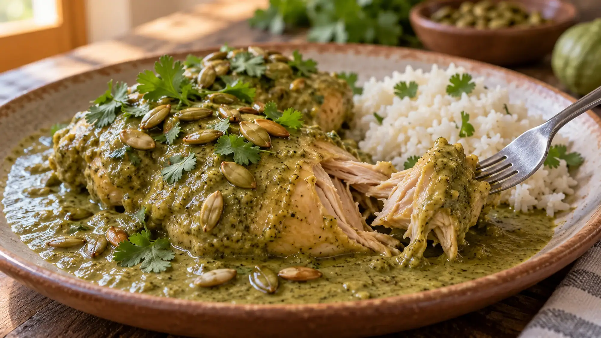 Fork lifting tender chicken from green pepita sauce beside rice.