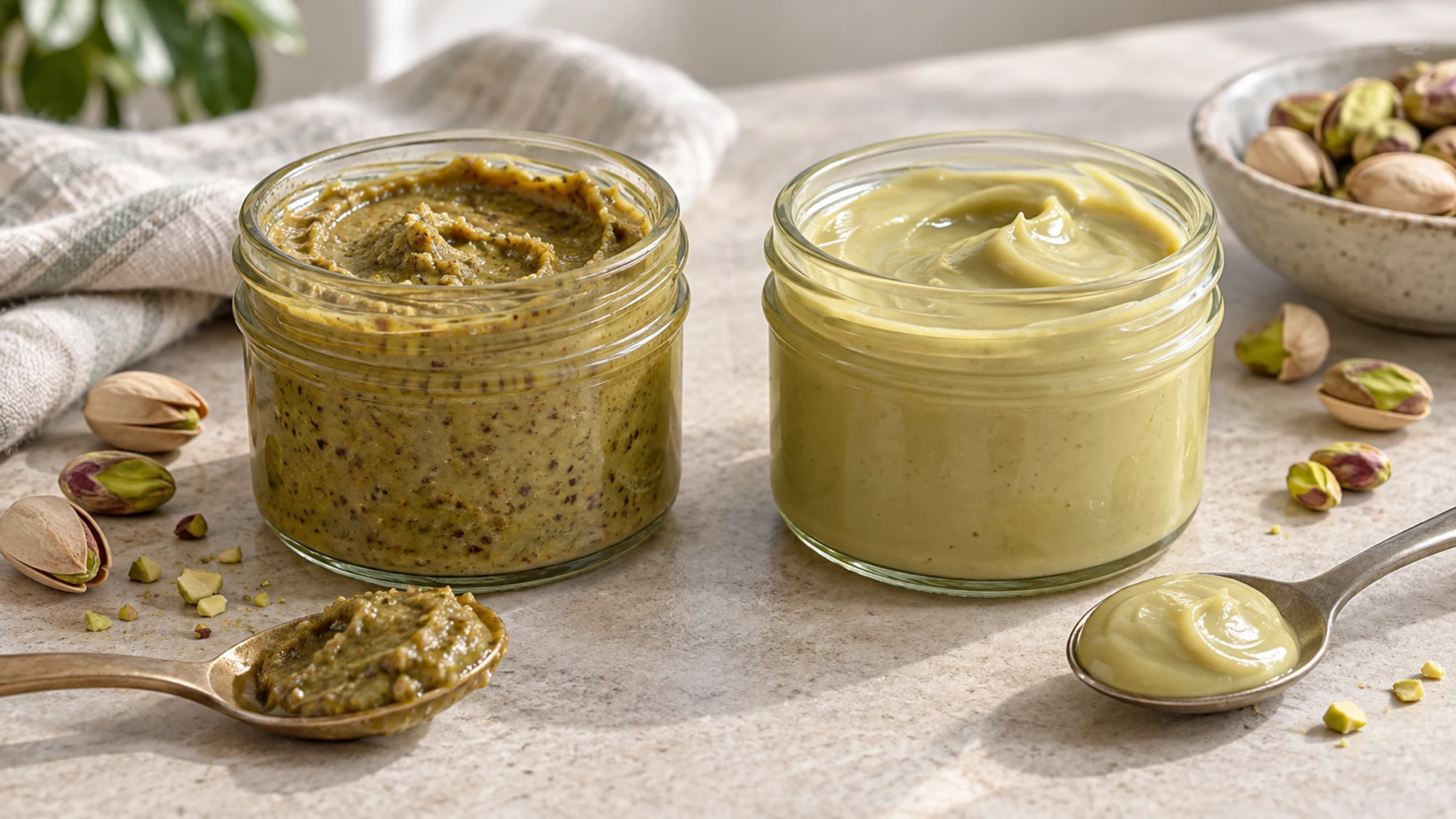 Two jars showing speckled pistachio butter and paler pistachio cream