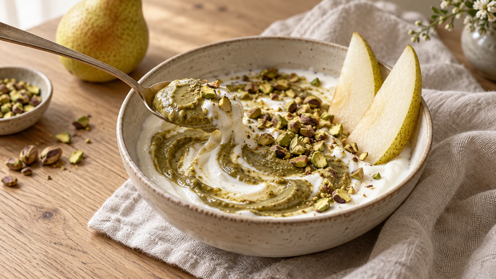 Pistachio butter swirled into yogurt with pear and chopped nuts