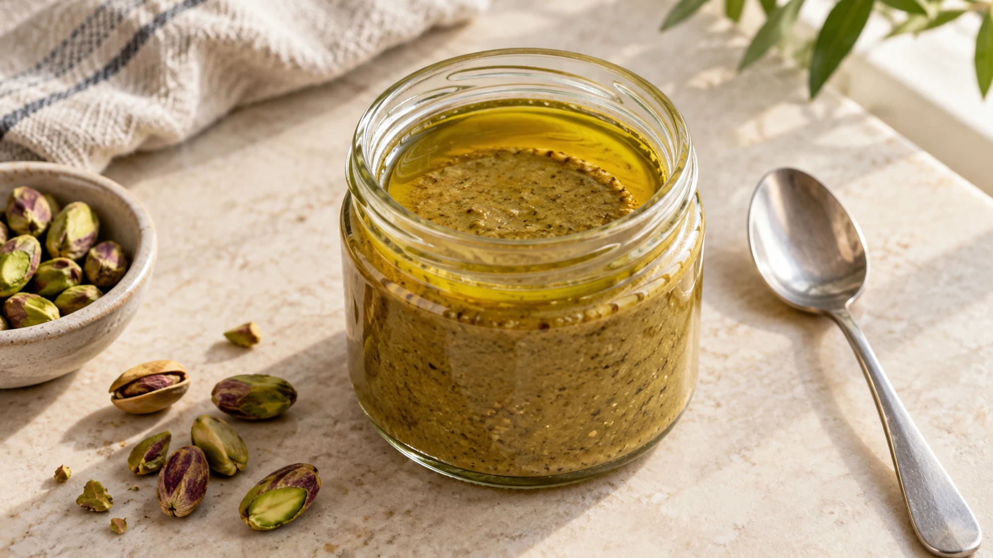Oil separated at the top of a jar of natural pistachio butter
