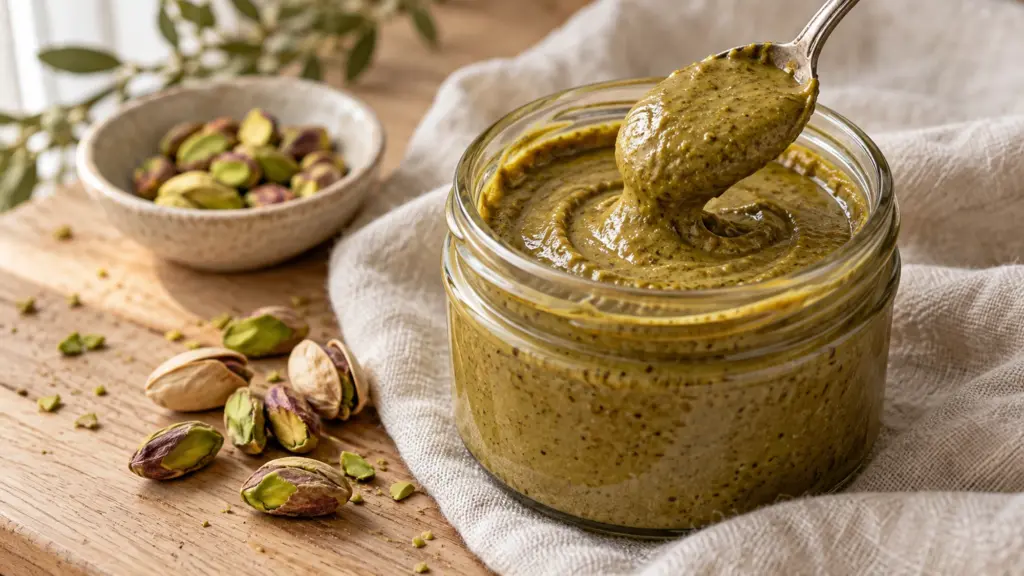 Naturally olive green pistachio butter lifted from an open jar