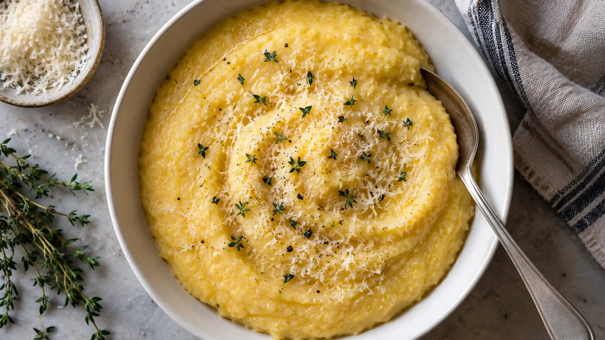 Overhead bowl of creamy Parmesan polenta with thyme and grated cheese.
