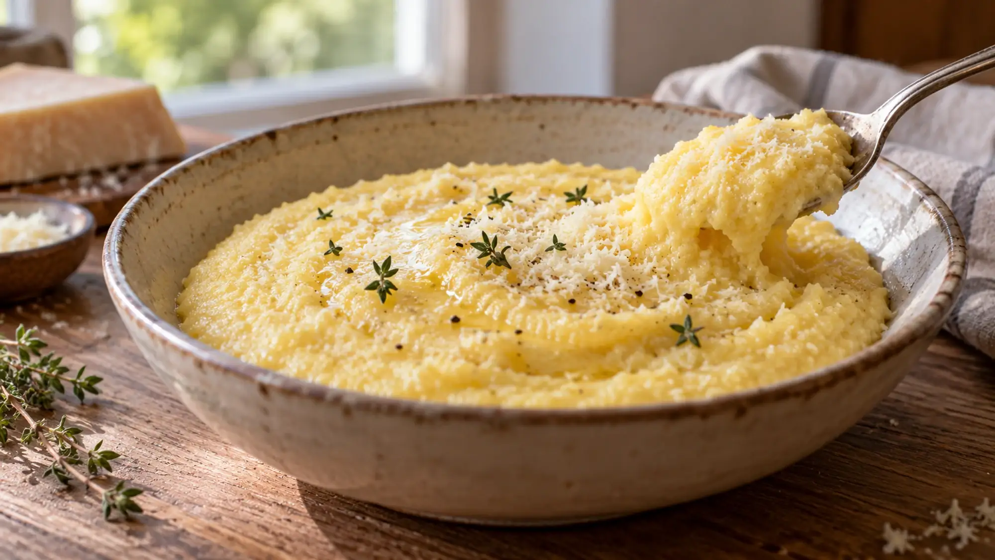 A spoon lifting soft Parmesan polenta from a ceramic bowl.