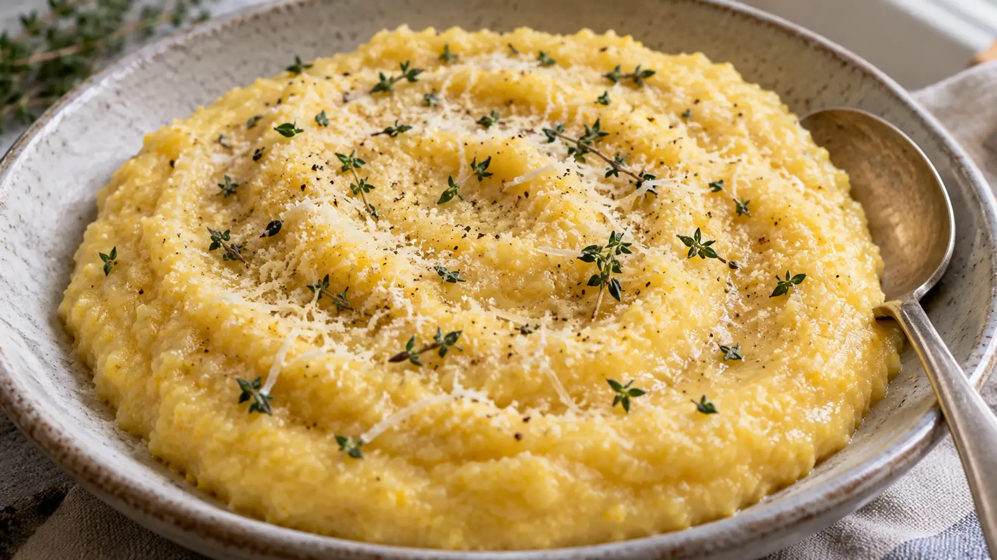 Creamy Parmesan polenta with butter and thyme in a shallow bowl.