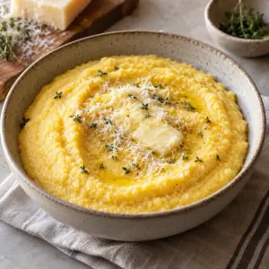 Square image of finished creamy Parmesan polenta with butter and thyme.