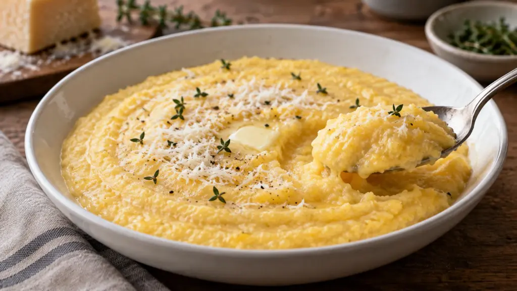 Spoon lifting a serving of creamy Parmesan polenta from a white bowl.