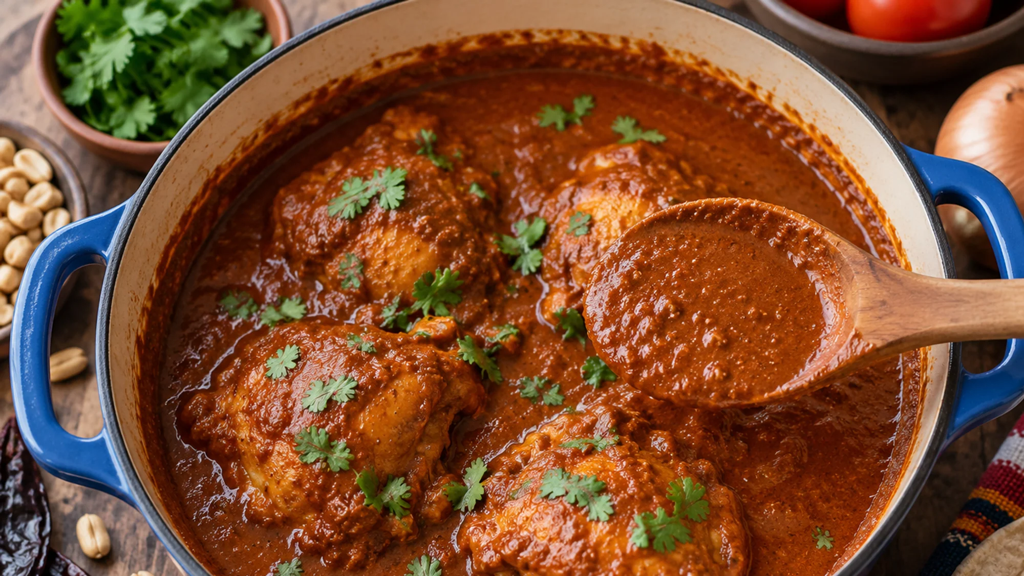 Chicken simmering in reddish peanut sauce in a blue Dutch oven