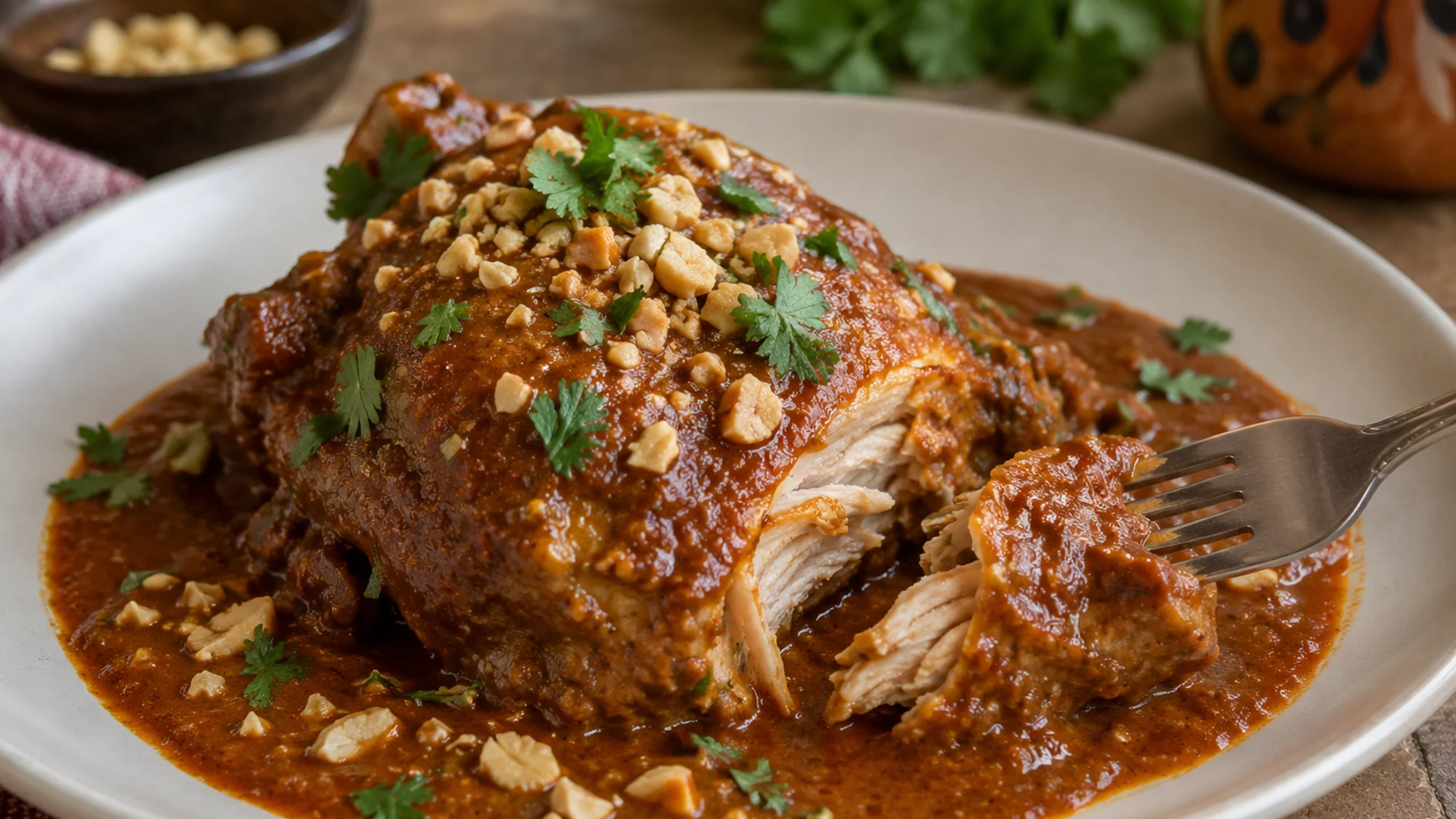Tender chicken coated in peanut sauce with chopped peanuts and cilantro