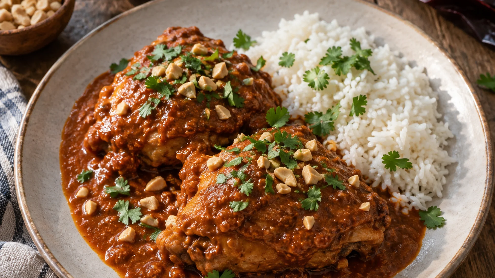 Chicken in roasted peanut sauce served beside white rice