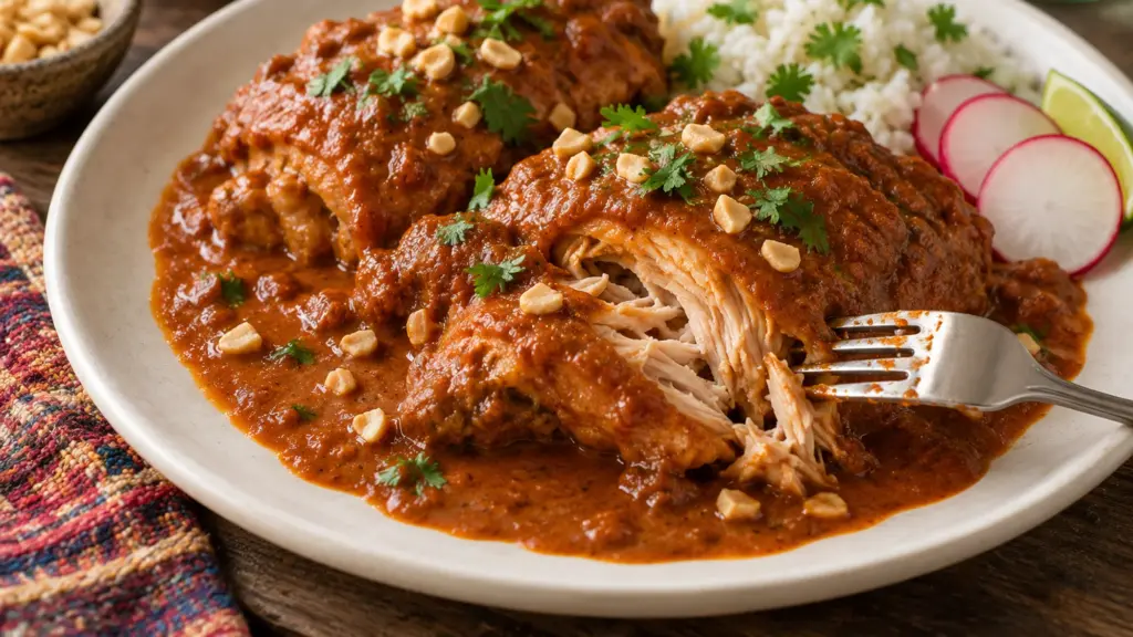 Chicken in roasted peanut sauce with cilantro, rice, radishes and lime